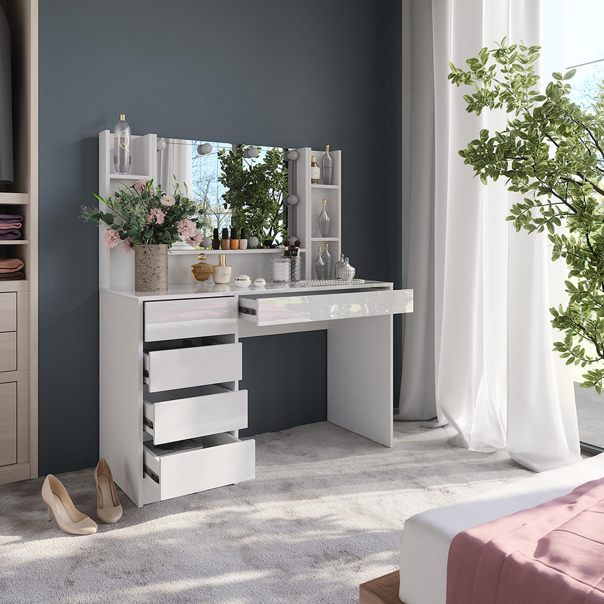 SCHMINKTISCH Sherry Weiß/Weiß Hochglanz 119.8 cm 5 Teile - Weiß Hochglanz, Holzwerkstoff (119.8/76/50.1cm) - Vicco