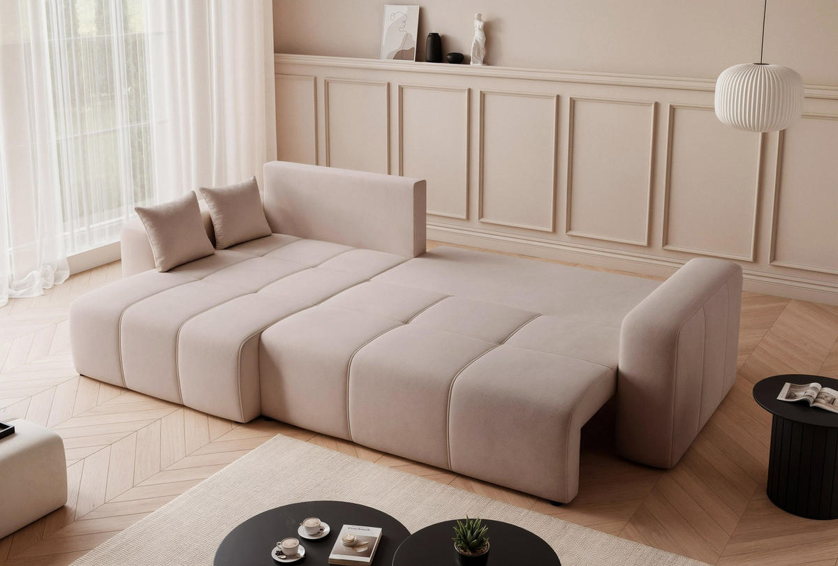 ECKSOFA XL Velours mit Bettkasten und Schlaffunktion - Beige, Holzwerkstoff/Textil (278/145cm) - Idohome