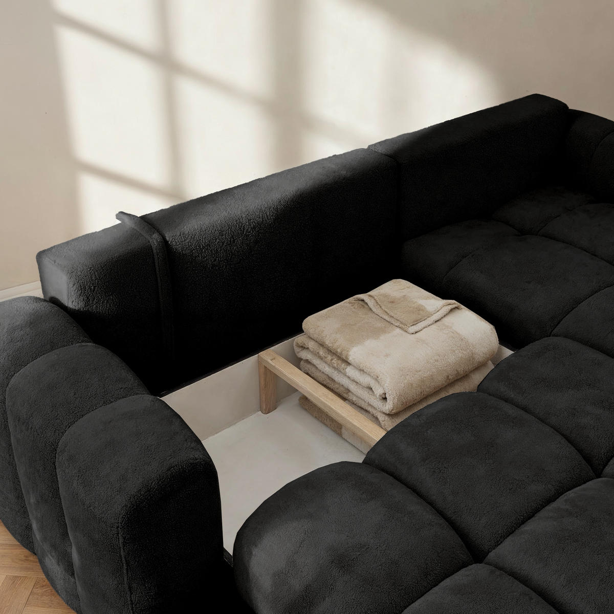 ECKSOFA CALM L Rechts mit Schlaffunktion 140x215 Webstoff schwarz - Schwarz, Holz/Kunststoff (151/261cm) - Muffo