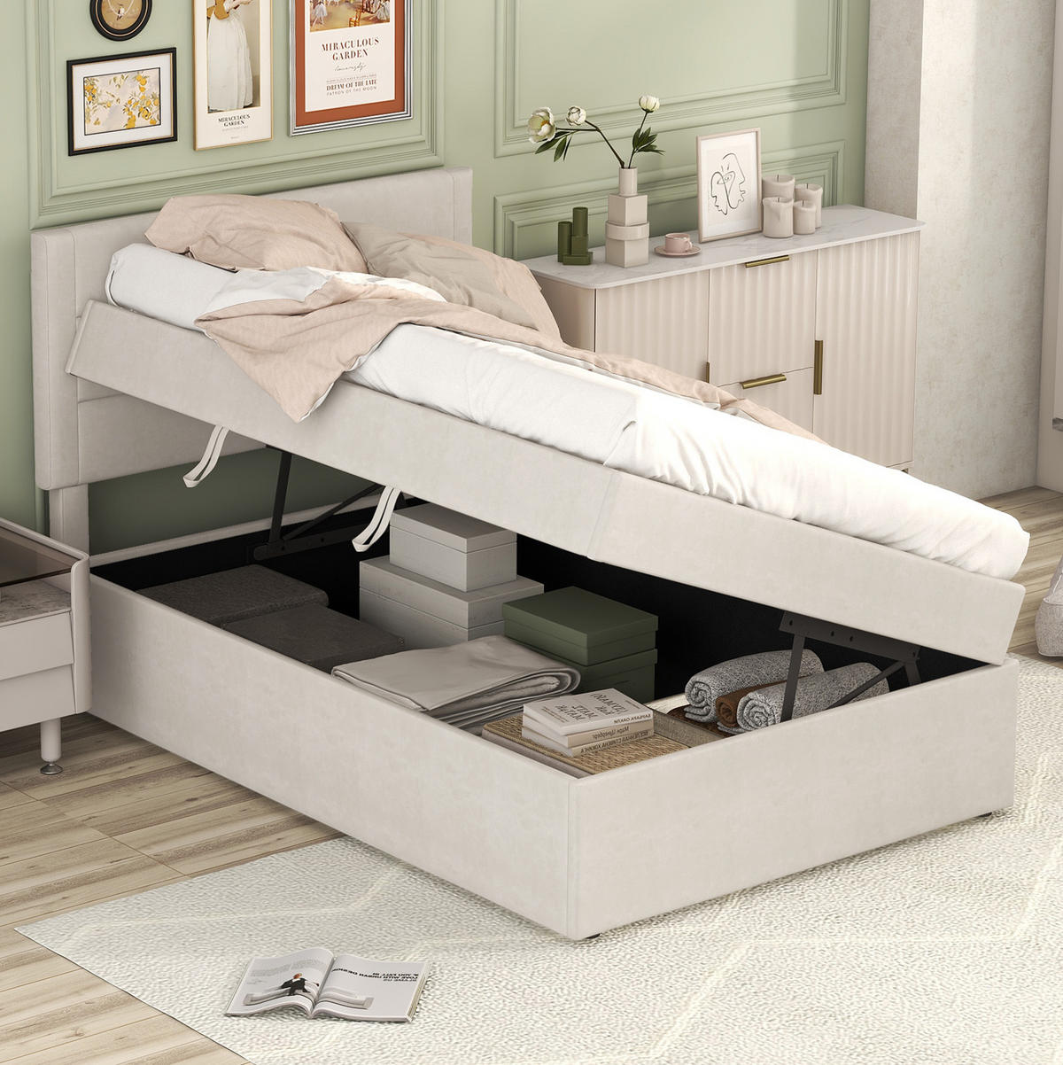 POLSTERBETT 90/200 cm Beige aus Leinen mit Stauraum - Beige, Holzwerkstoff (90/200cm) - OKMYHOME