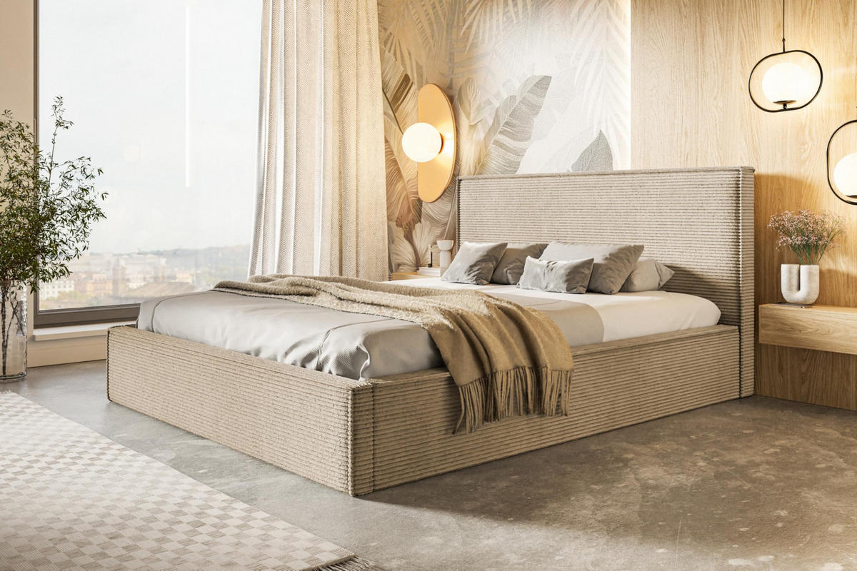 BETT 90x200 - Polsterbett mit Bettkasten und Holzrahmen - Modern Betten - Hochwertiger Poso-Stoff - Kollektion Milano - Dunkelbeige - Beige, Holz/Textil (90/200cm) - Alpi-Möbel
