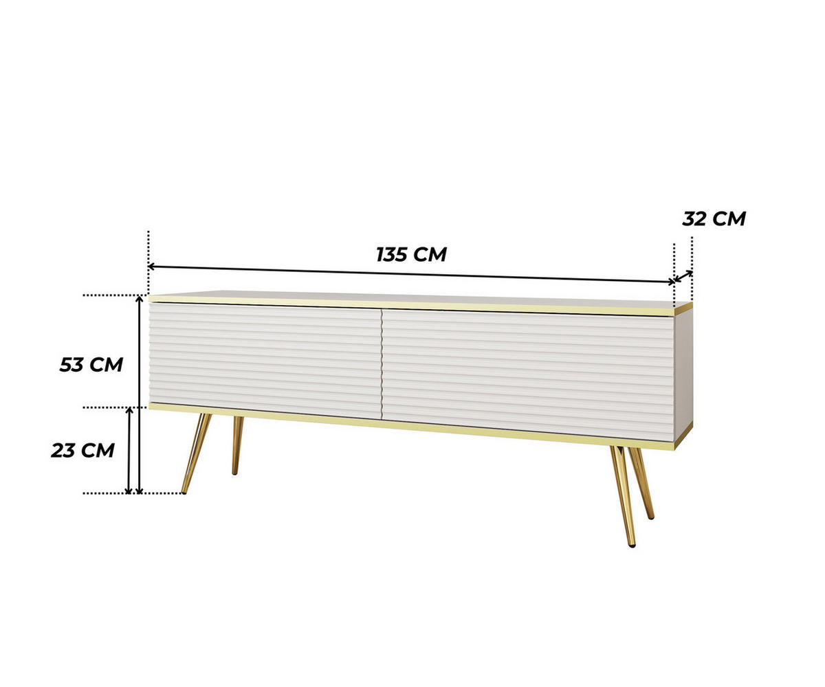 TV-BOARD FORNO (Weiß, Rillenfront, Goldene Details, 2 Klapptüren, goldene Metallfüße, 135 cm) - Gelb/Goldfarben, Holz/Holzwerkstoff (135/53/32cm) - Ravio