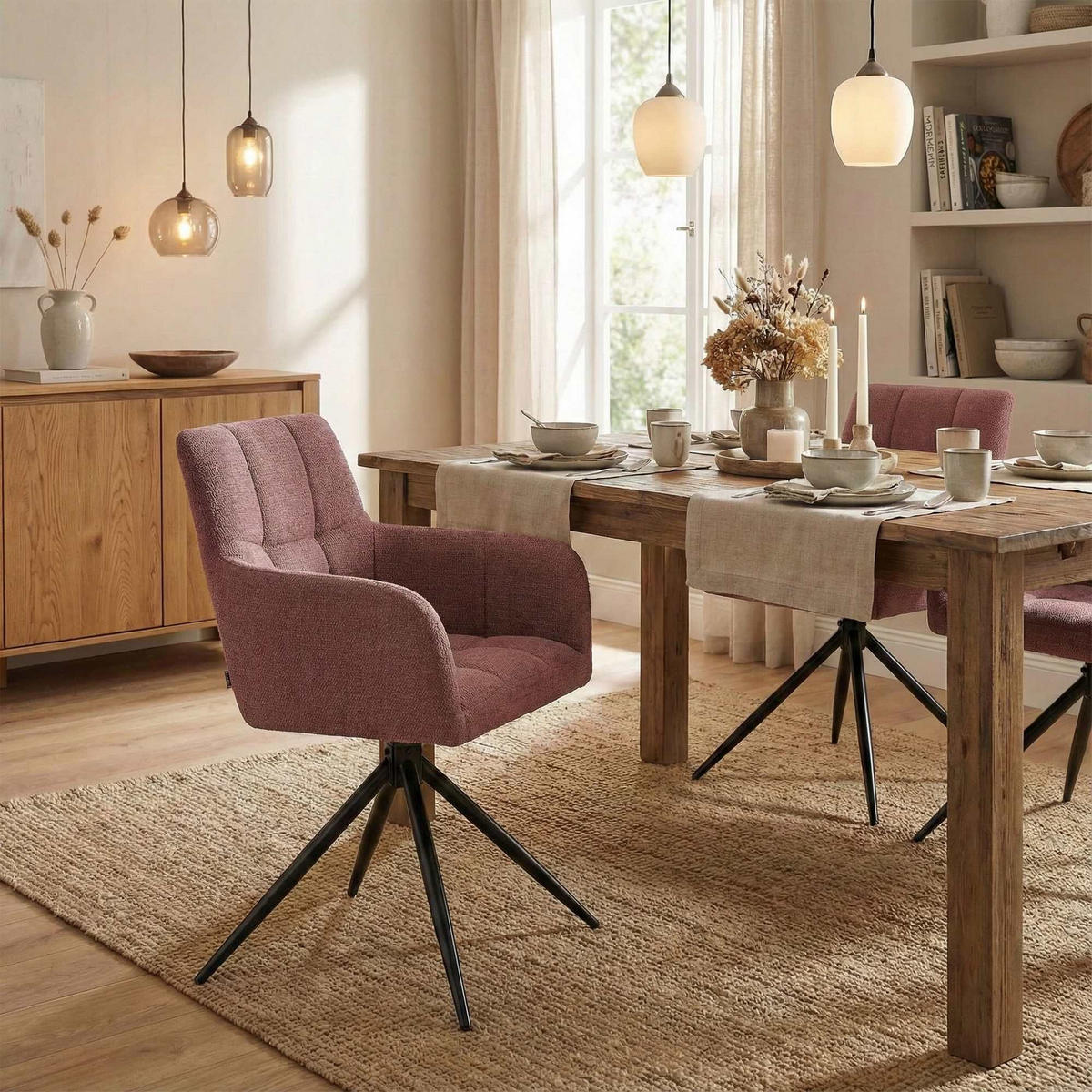 ARMLEHNENSTUHL 2er Set Stoff Rubinrot - Rot/Schwarz, Textil/Metall (59/87/59cm) - CLP