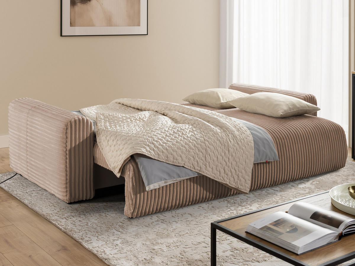 SCHLAFSOFA Calma mit Bettkasten im Bumpy-Design aus weichem Beige Plüschcord - Beige/Schwarz, Holz/Kunststoff (239/88/98cm) - S-Style