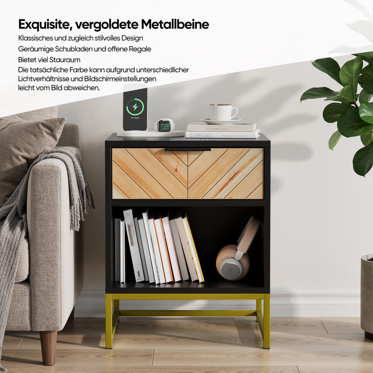 NACHTTISCH 43 cm Schwarz & Natur – Nachtkonsole mit Schublade & Metallbeinen Industrial - Naturfarben, Holzwerkstoff (43/55/40cm) - Urban Meuble