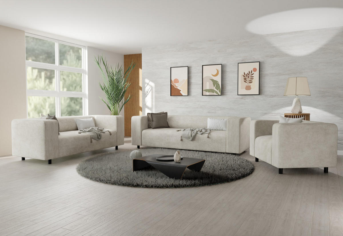 SITZGARNITUR 3+2+1 Tove Beige Cord - Beige/Schwarz, Holz/Kunststoff (175/65/80cm) - S-Style Möbel