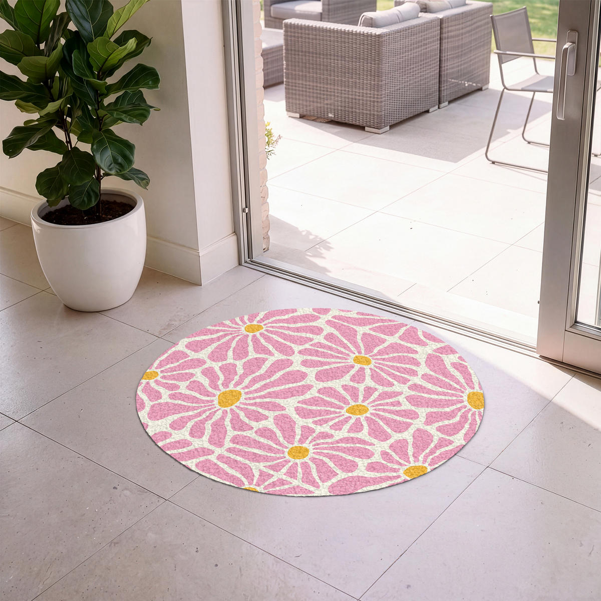 ROHOŽKA Květiny - vzor - růžová - béžová - oranžová 90x90 cm - růžová, textil/umělá hmota (90/0.4cm) - MuchoWow