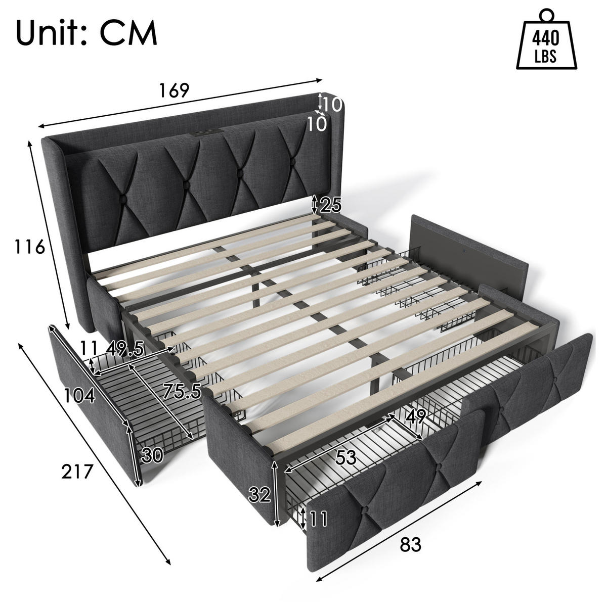 POLSTERBETT 160/200 cm mit USB-Anschlüssen, Steckdosen und 4 Schubladen, Leinenoptik, Grau - Grau, Textil (160/200cm) - Redom