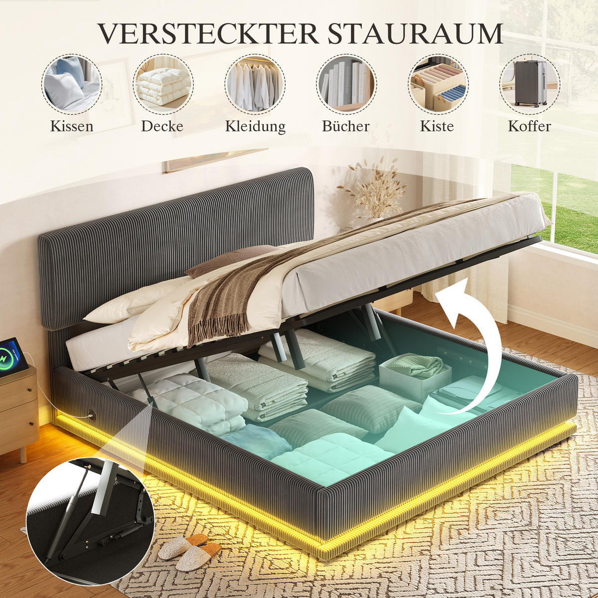 POLSTERBETT 180x200 cm LED USB Stauraum grau - Dunkelgrau, Textil (180/200cm) - LEBENLANG
