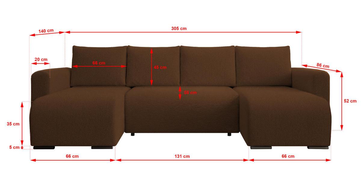 WOHNLANDSCHAFT DORA U mit Bettkasten und Schlaffunktion, U-Form, bequem - Braun, Textil (305/85/140cm) - Storez24