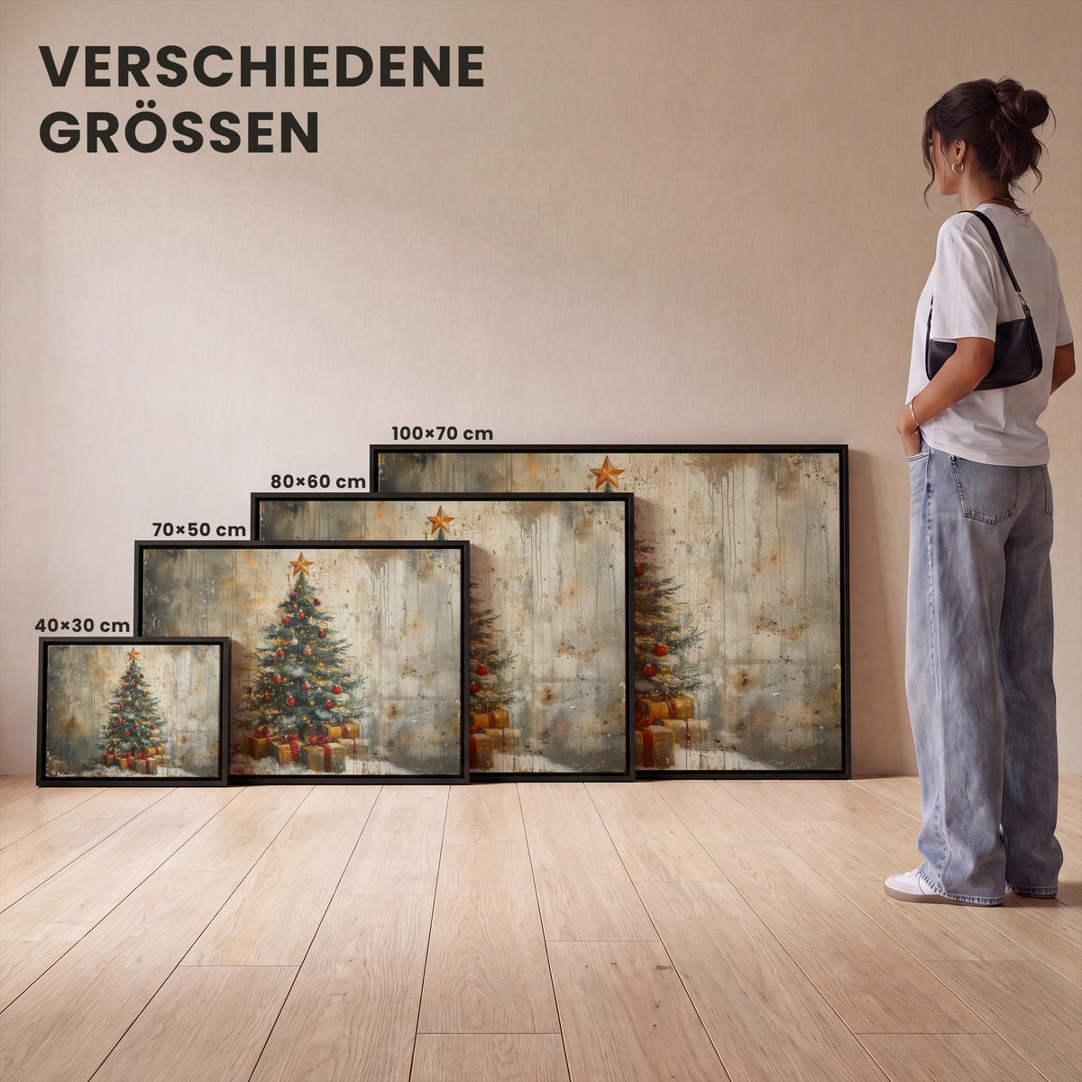 LEINWAND Bilder mit Rahmen - Weihnachtsbaum - Vintage - Weihnachten - Geschenk - 40x30 - Rostfarben, Textil (40/30cm) - MuchoWow
