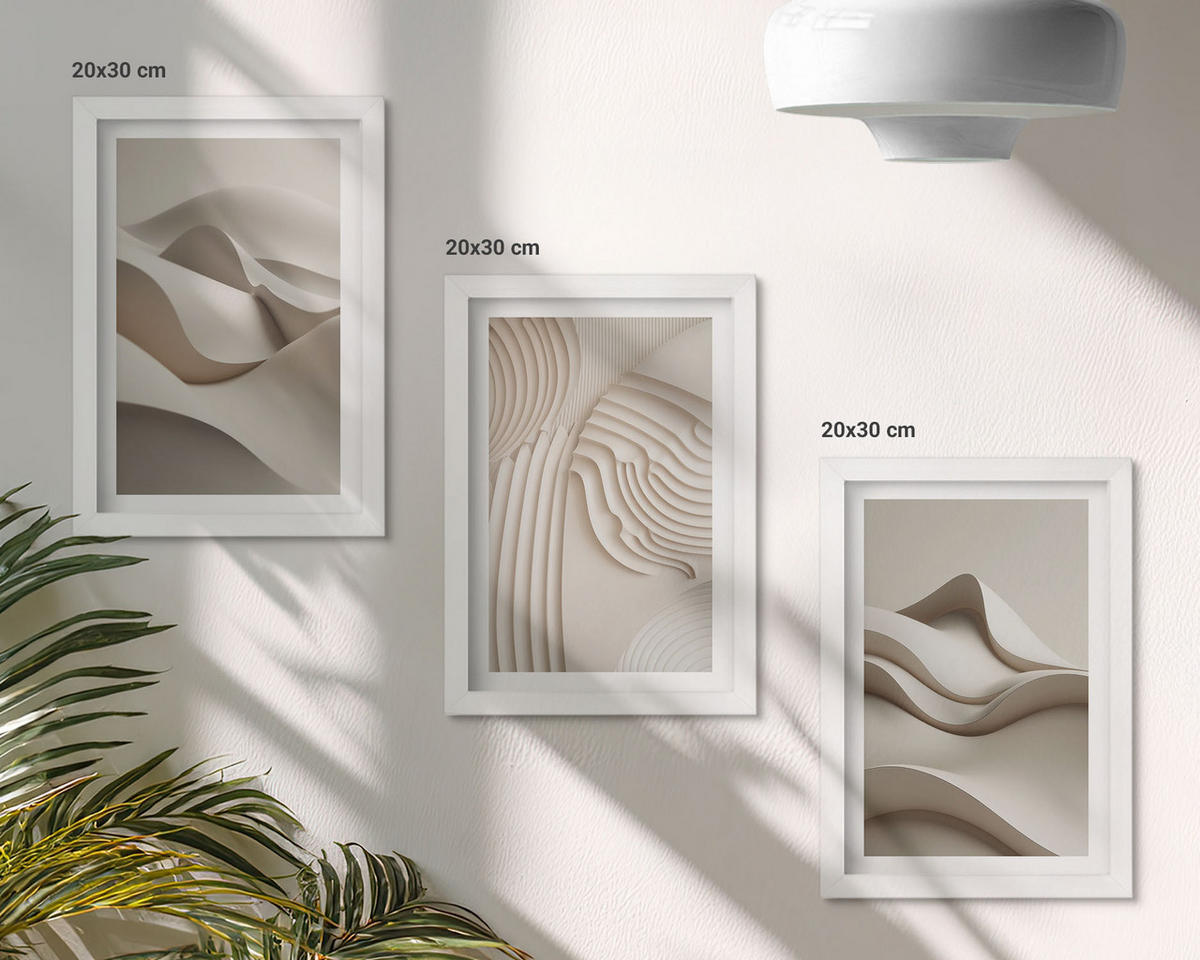 BILDER SET 3er Set - 20x30 cm Weißer Rahmen - Abstrakte beige Wellen - Weiß, Kunststoff (20/30cm) - TULUP