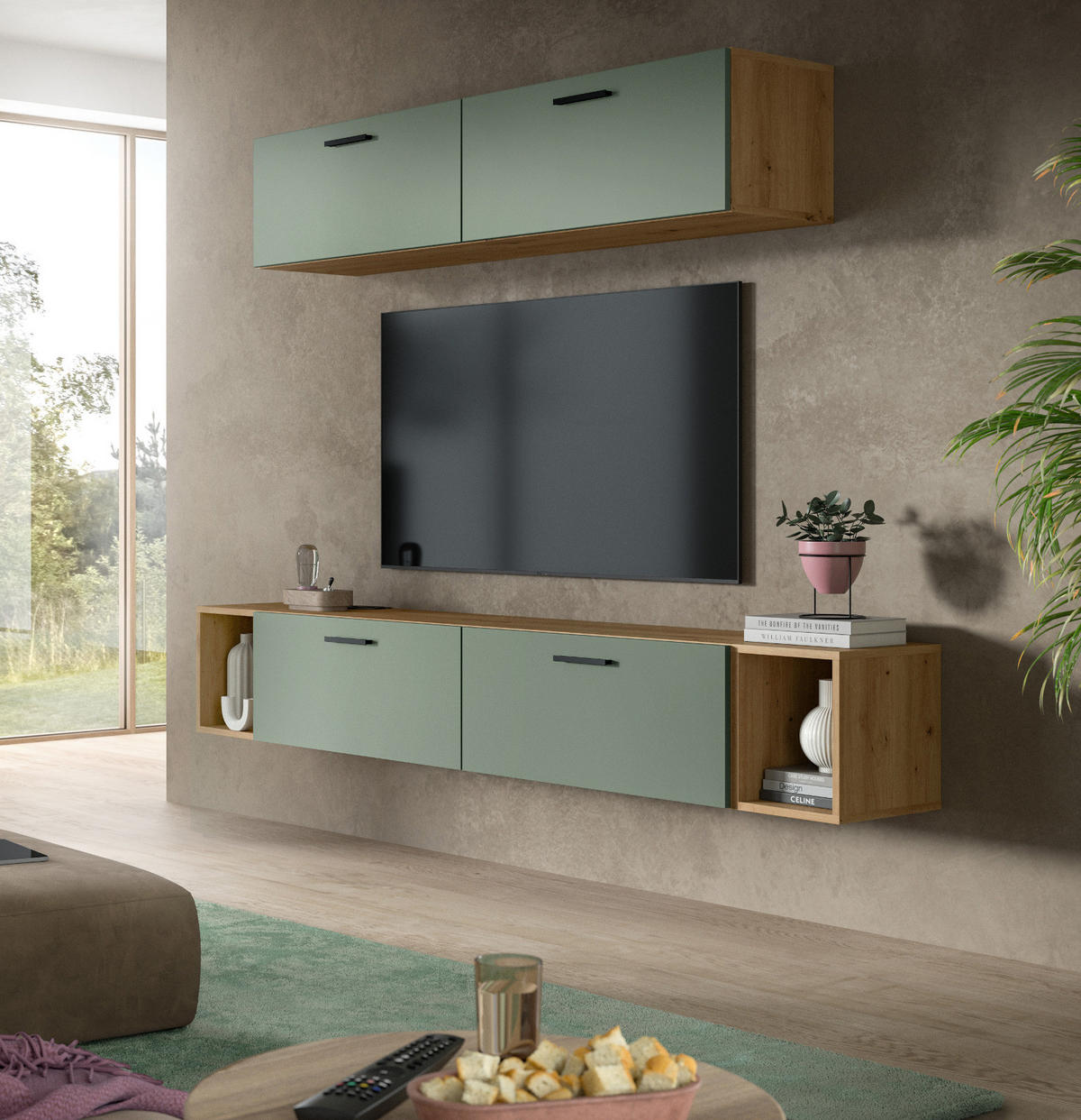 WOHNWAND grün, Eiche Artisan 202 cm, Schrankwand mit Soft-Close - Schwarz/Eiche Artisan, Holzwerkstoff/Kunststoff (202/184/34cm) - Inn.Furn