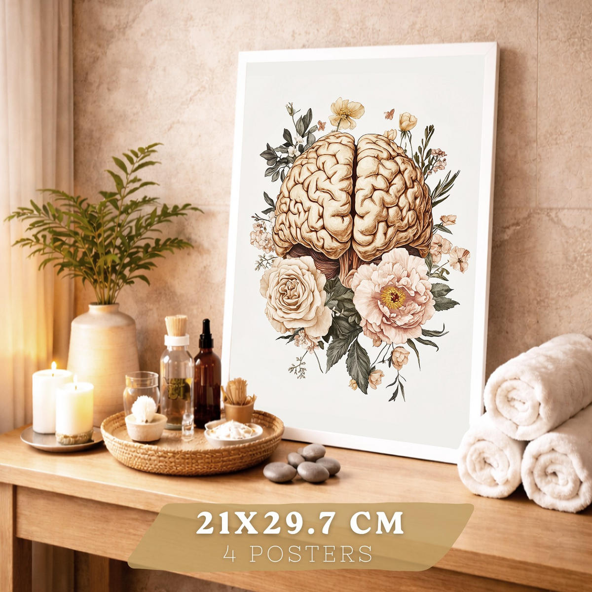 POSTER Set aus 4 Vintage Körper Anatomie Drucke mit Gehirn Herz Lungen Luftröhre Bronchien Nieren Verdauungssystem Magen Darm Größe Weißer Rahmen A4 - Weiß, Papier (21/29.7/3cm) - Nacnic