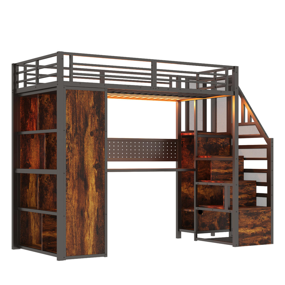 HOCHBETT 90/200 cm in Schwarz mit Stauraumtreppe, Schreibtisch und LED aus Metall - Schwarz, Holzwerkstoff/Metall (90/200cm) - CHICFURN