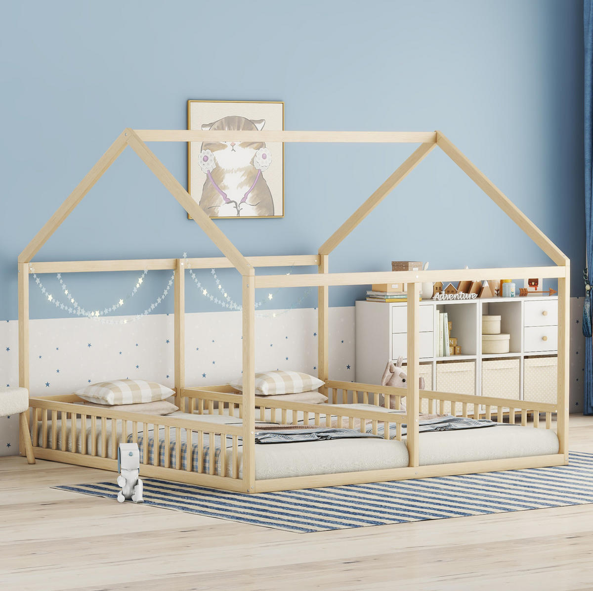 DĚTSKÁ postel 90/200 cm přírodní z borovice a MDF s domečkem a zábradlím - přírodní, dřevo (90/200cm) - OKWISH