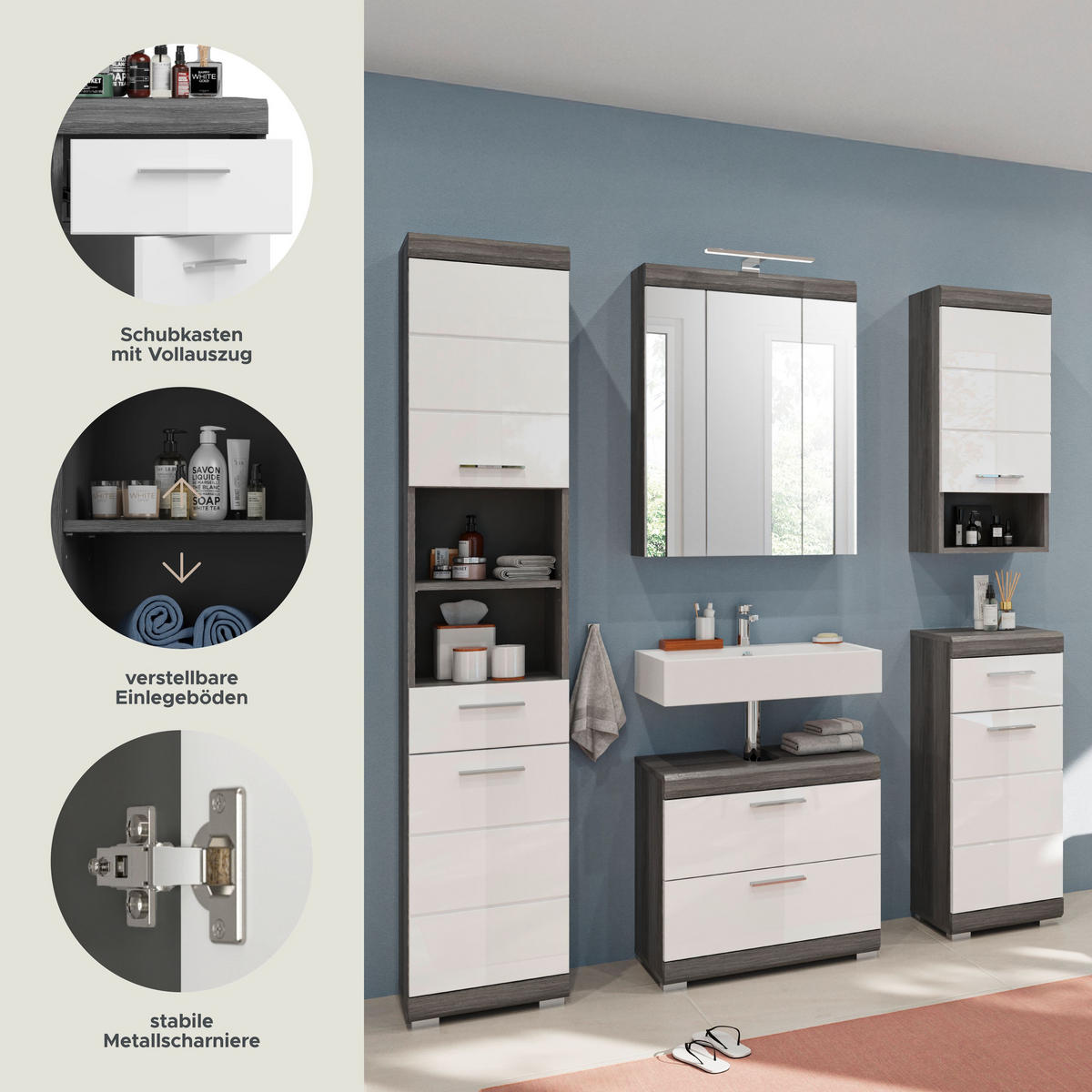 BADKOMBINATION 5tlg. Scout Bad in Rauchsilber Nachbildung und weiß hochglanz B/H/T: 164x191x34 cm - Anthrazit, Holz (164/191/37cm)