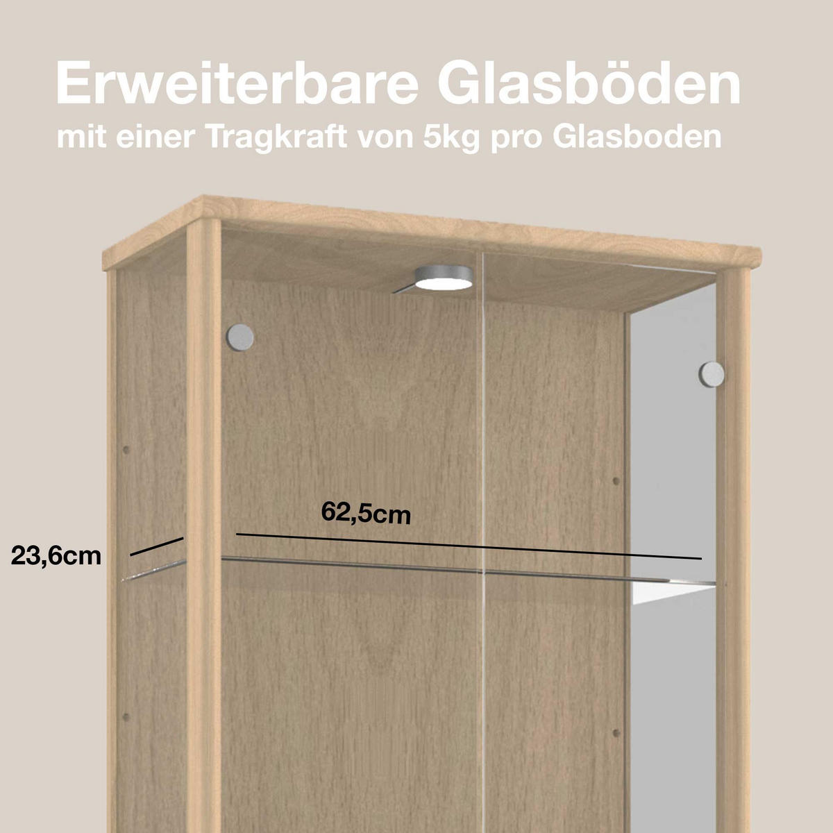 GLASVITRINE 33/67/176 cm mit LED & 4 höhenverstellbaren Glasböden - Transparent/Silberfarben, Glas/Holzwerkstoff (67/176/33cm) - K-Möbel