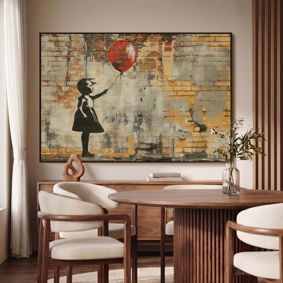 LEINWAND Bilder mit Rahmen - Graffiti - Banksy - Mädchen - Straßenkunst - 150x100 - Sandfarben, Textil (150/100cm) - MuchoWow