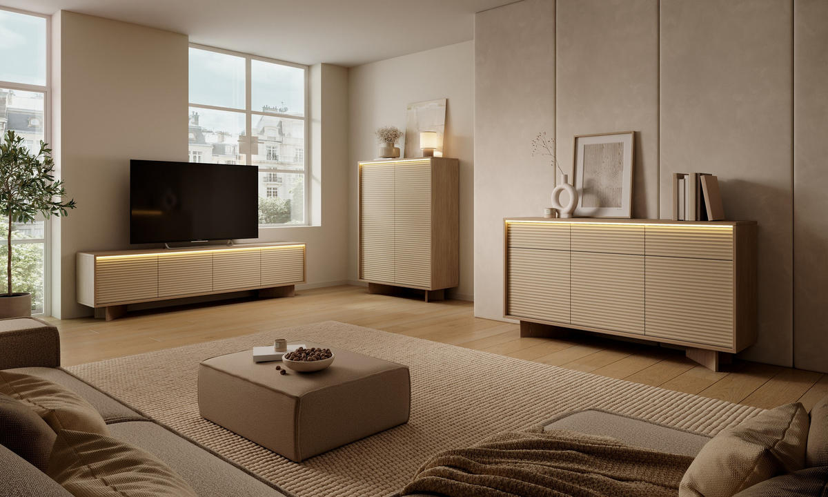 KOMMODE RIGATO 103,9/138,4/40cm mit Schubladen 2 Türen Beige - Beige, Holzwerkstoff (103.9/138.4/40cm) - MASSENO