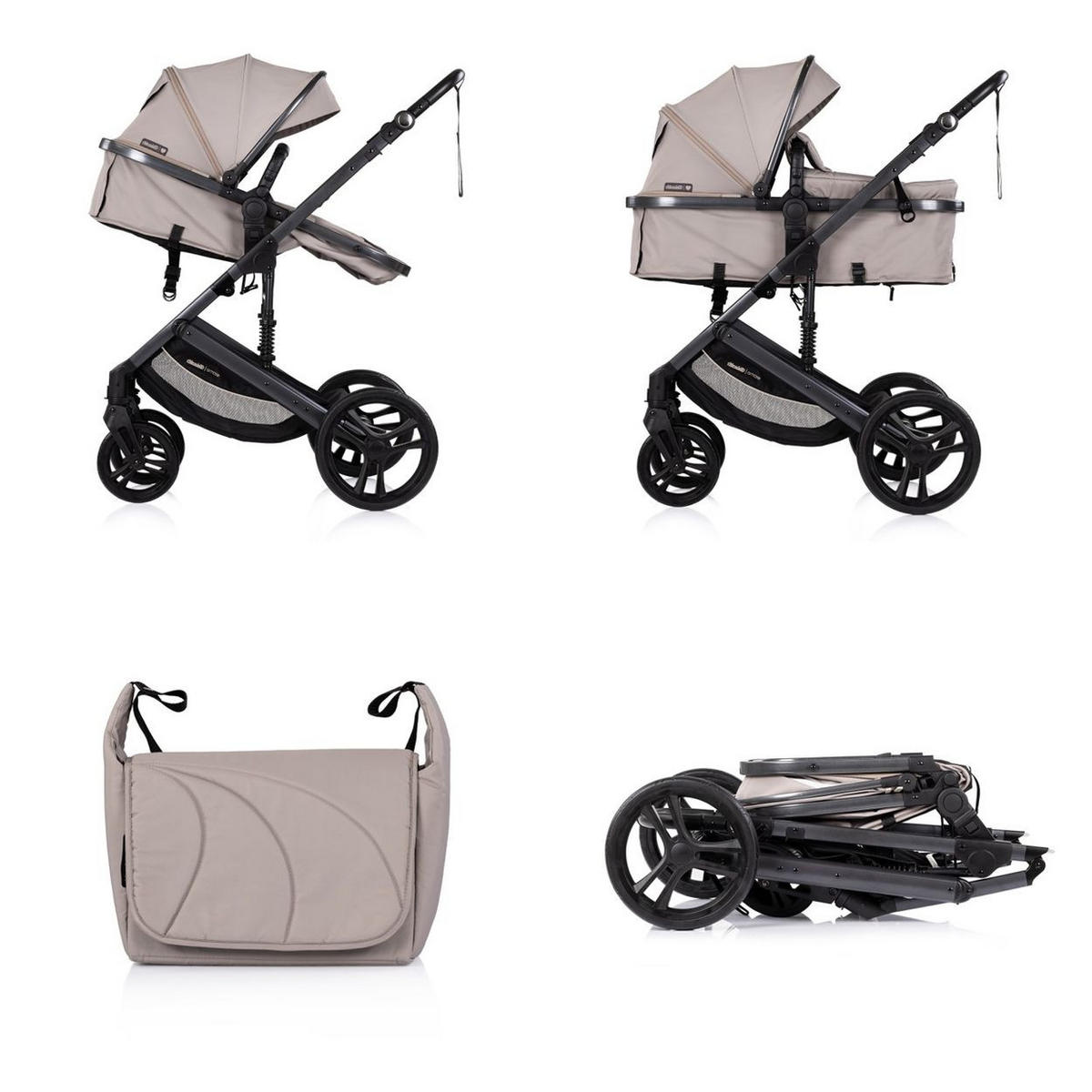 KOMBIKINDERWAGEN 2 in 1 Amore braun Getränkehalter Wickeltasche Fußabdeckung Korb - Schwarz, Metall (95/63/105cm) - Chipolino