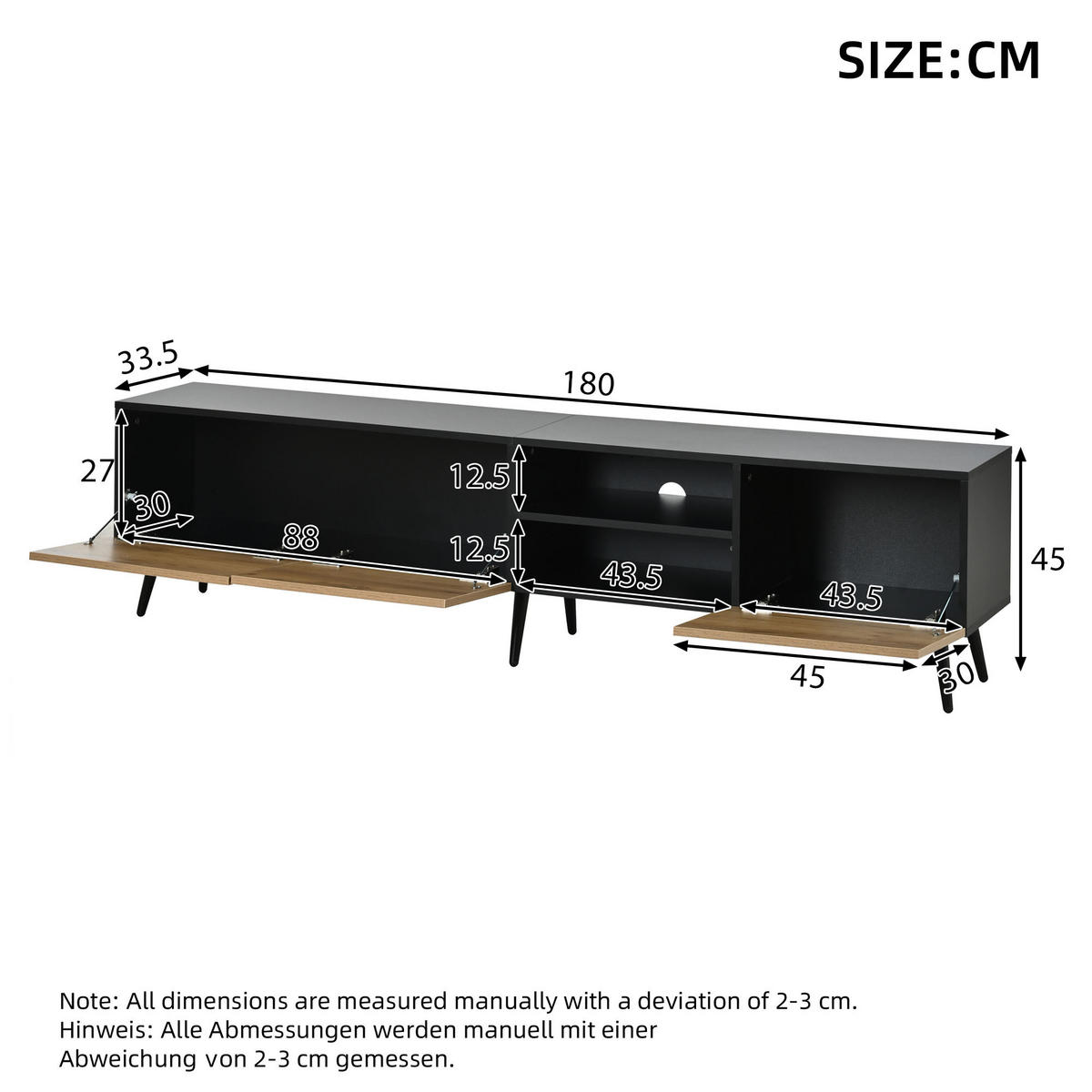 LOWBOARD in Holzfarbe TV-Ständer mit geräuschlosen Scharnieren für Wohnzimmer, B180/T33,5/H45 cm - Schwarz/Naturfarben, Holzwerkstoff/Metall (180/45/33.5cm) - STILVORA