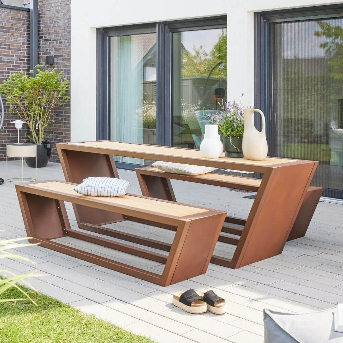 SITZGARNITUR KOBON - Braun, 2 x Bank + 1 x Tisch - Anthrazit/Braun, Holz/Metall - Home Deluxe