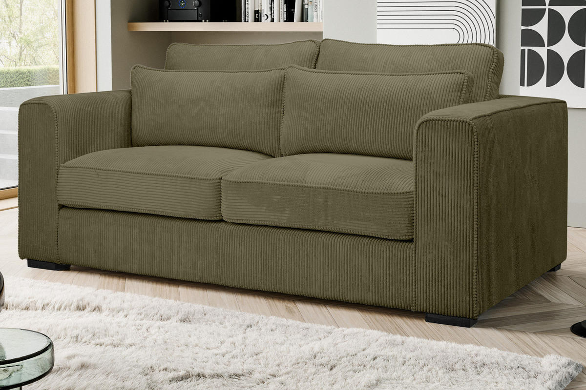 SOFA khaki Cord 2,5-Sitzer 200 cm, Couch mit Wellenfederung - Dunkelgrün/Schwarz, Holzwerkstoff/Kunststoff (200/92/112cm) - Inn.Furn