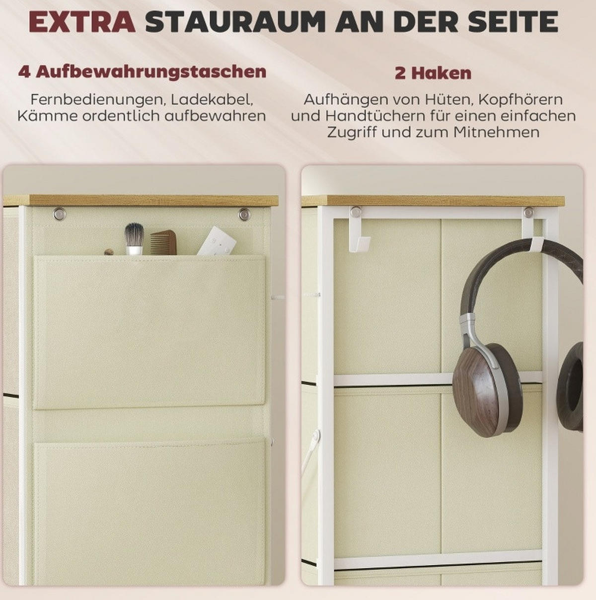 KOMMODE 30/86/94,5 cm mit 8 Stoffschubladen, Seitentaschen und Haken, Stahlgestell, Beige - Beige, Metall (86/94.5/30cm) - Redom
