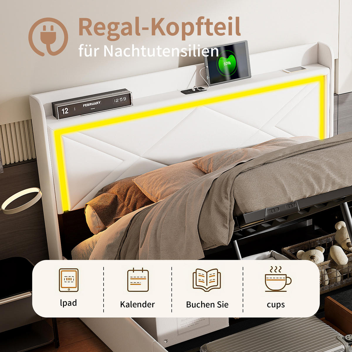 POLSTERBETT 140x200 cm, Weiß, mit LED & USB - Weiß, Textil/Metall (140/200cm)