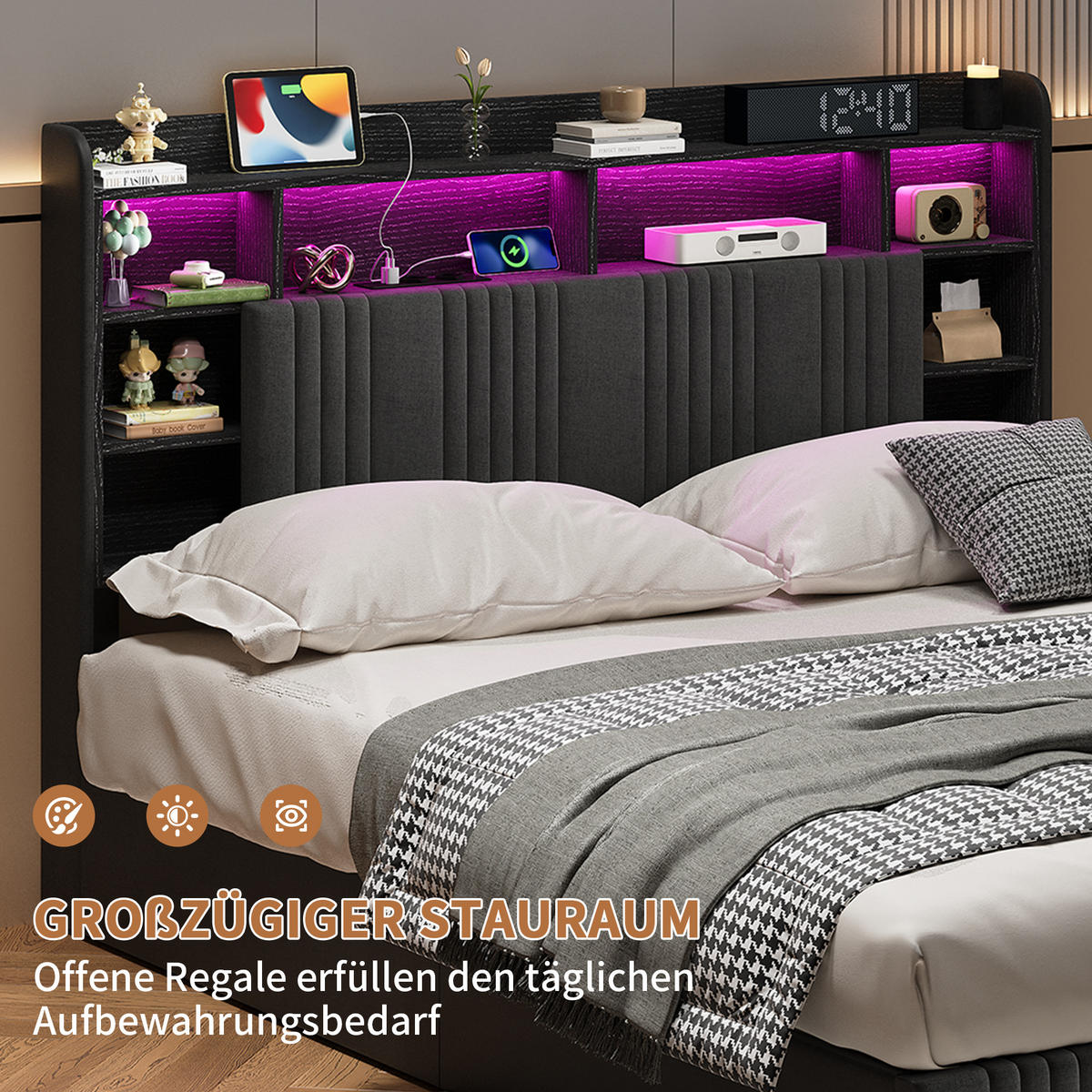 MODERNES POLSTERBETT 160x200 cm mit Stauraum, LED RGB und integrierter Ladestation – Dunkelgrau Leinen - Grau, Holz - SHOPENTRA