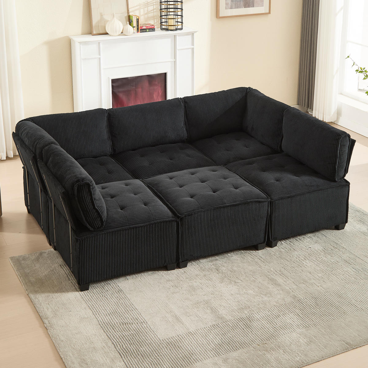 WOHNLANDSCHAFT 6-SITZER Cord Schwarz mit Seitentaschen - Schwarz, Holzwerkstoff/Kunststoff (308/82/154cm) - WISHDOR