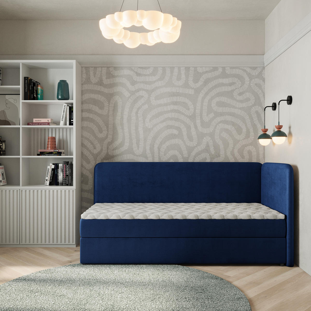 BOXBETT GINA 100x200 cm mit Matratze und Topper, H2+H3 - Blau - Blau, Holz (100/200cm) - MASSENO