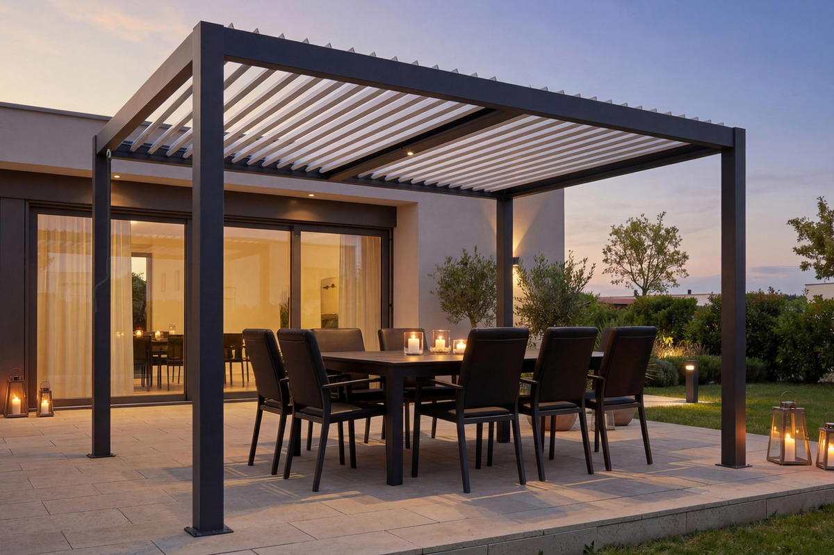 BIOKLIMA-PERGOLA Agosta 4x3m freistehend 250 cm hoch Graues Aluminium mit weißen - Grau, Metall (394/248/300cm) - Cazeboo