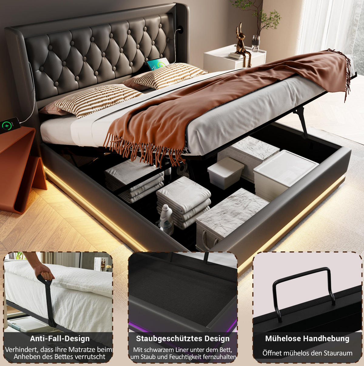 POLSTERBETT 160/200 cm Schwarz aus PU mit Bettkasten - Schwarz, Kunststoff (160/200cm) - OKMYHOME