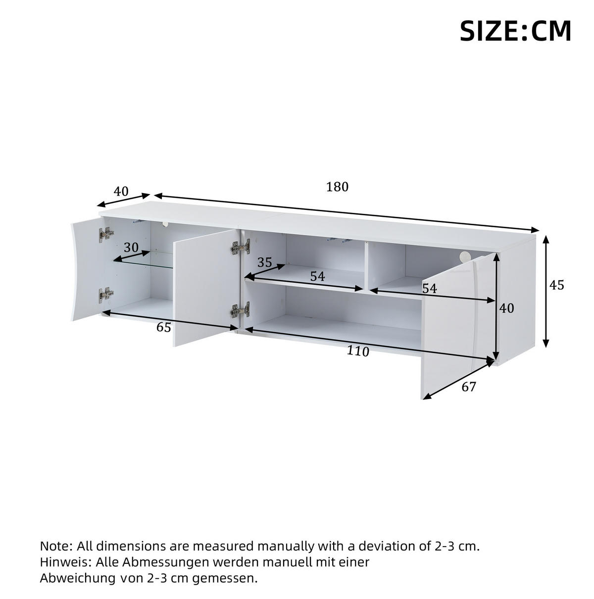 TV-LOWBOARD 180/40/45 cm weiß aus Spanplatte mit LED - Weiß, Holzwerkstoff (40/45/180cm) - OKWISH