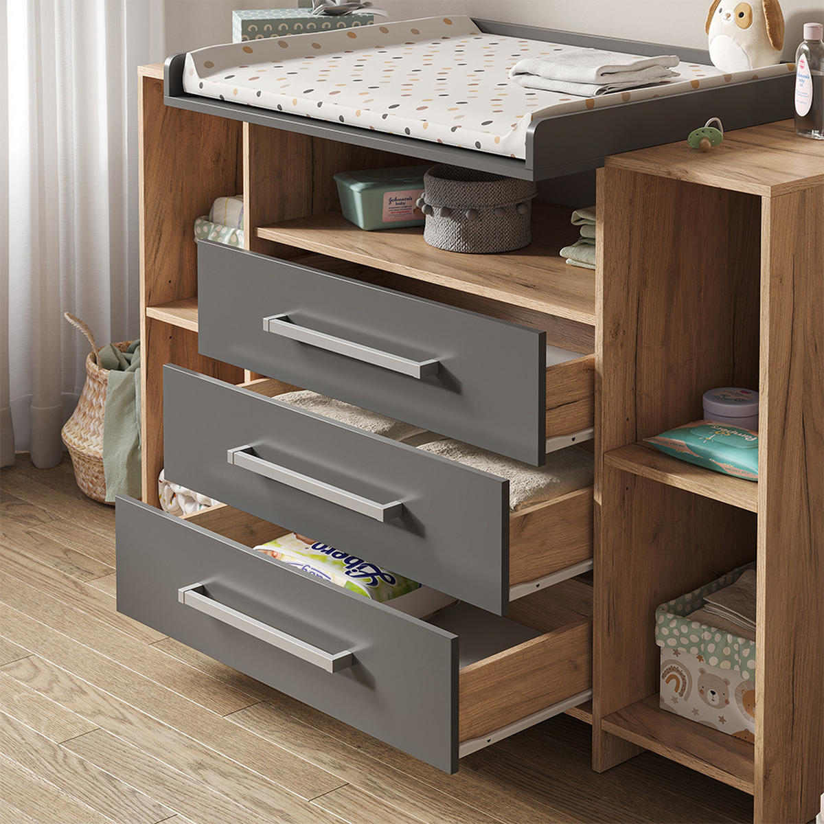 WICKELKOMMODE Oskar Eiche 143 x 100 cm XL mit Schubladen - Anthrazit/Sonoma Eiche, Holzwerkstoff (143/100/70cm) - Vicco