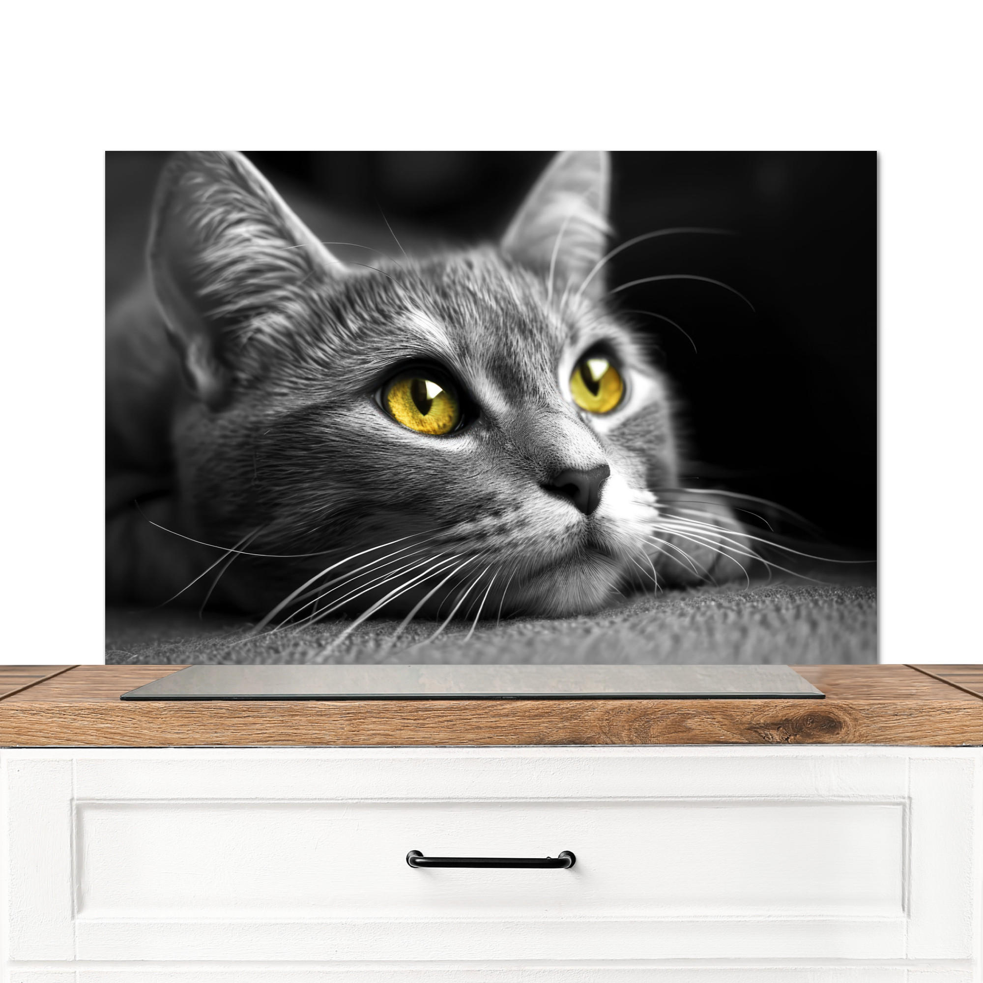 SPRITZSCHUTZ KÜCHE Katze - Grau - Tiere - Katze 90x60 cm - Grau, Metall (90/0.3/60cm) - MuchoWow