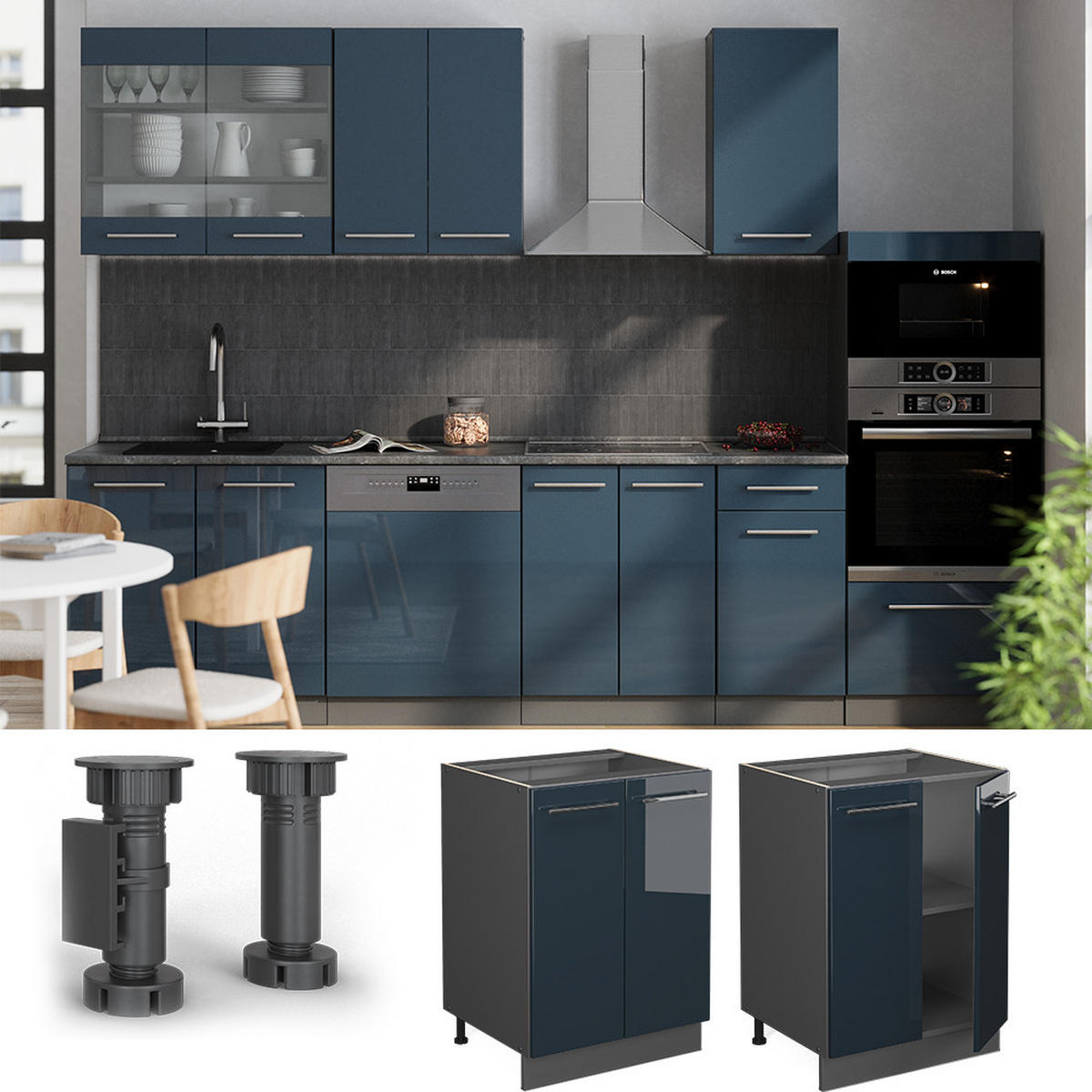 KÜCHENUNTERSCHRANK Fame-Line Dunkelblau Hochglanz 60 cm, AP Anthrazit - Anthrazit/Dunkelblau, Holzwerkstoff (60/82/60cm) - Vicco