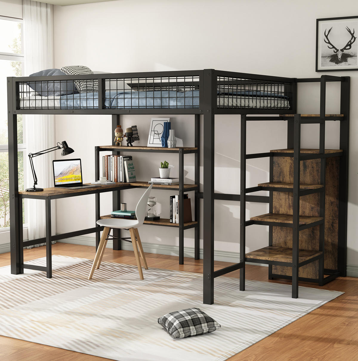HOCHBETT 140/200 cm Schwarz aus Metall und MDF mit Schreibtisch und Kleiderschrank - Schwarz, Metall (140/200cm) - OKMYHOME