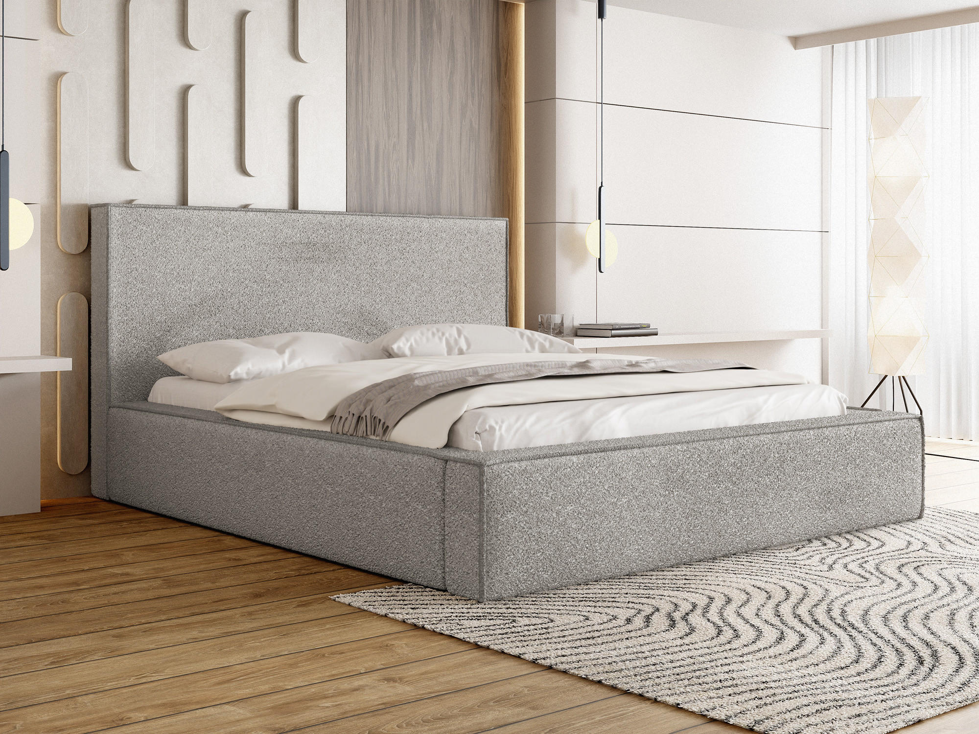 POLSTERBETT Terra mit Bettkasten, Grau Boucle 140x200 cm - Birkefarben/Schwarz, Holz/Holzwerkstoff (140/200cm) - WFL GROUP