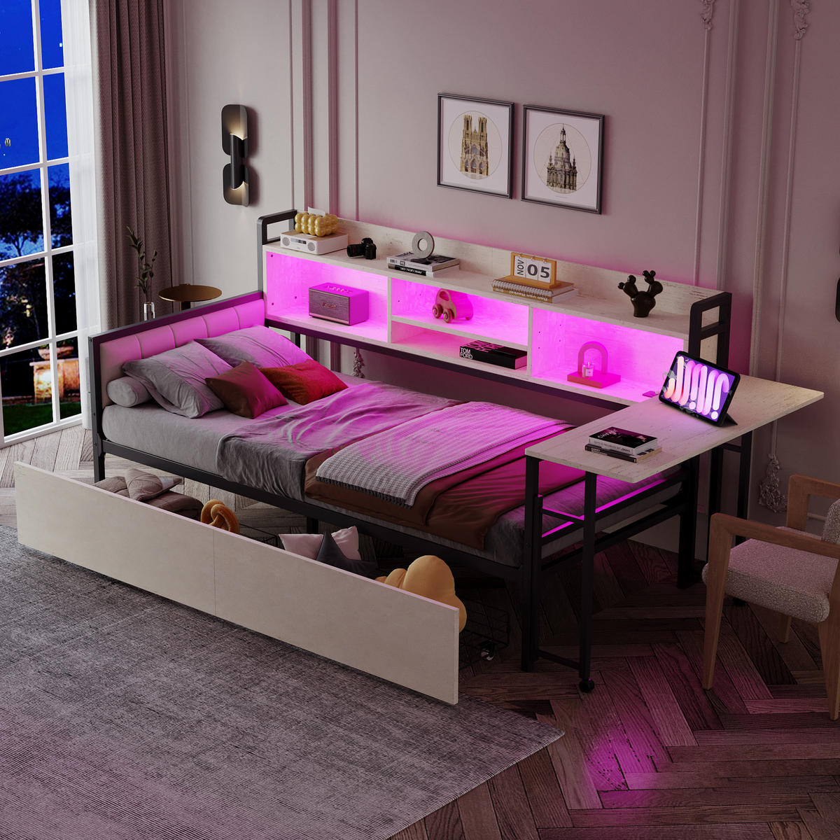 POLSTERBETT 90x200 cm LED USB Schreibtisch weiß - Weiß, Metall (90/200cm) - Fortuna Lai
