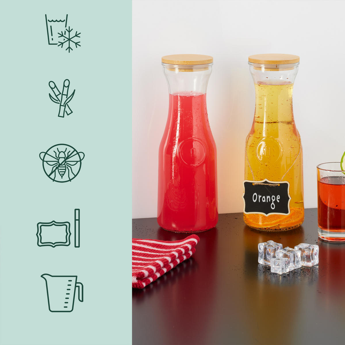 SÚPRAVA karaf na vodu - priehľadné, drevo/plast (1L) - Relaxdays