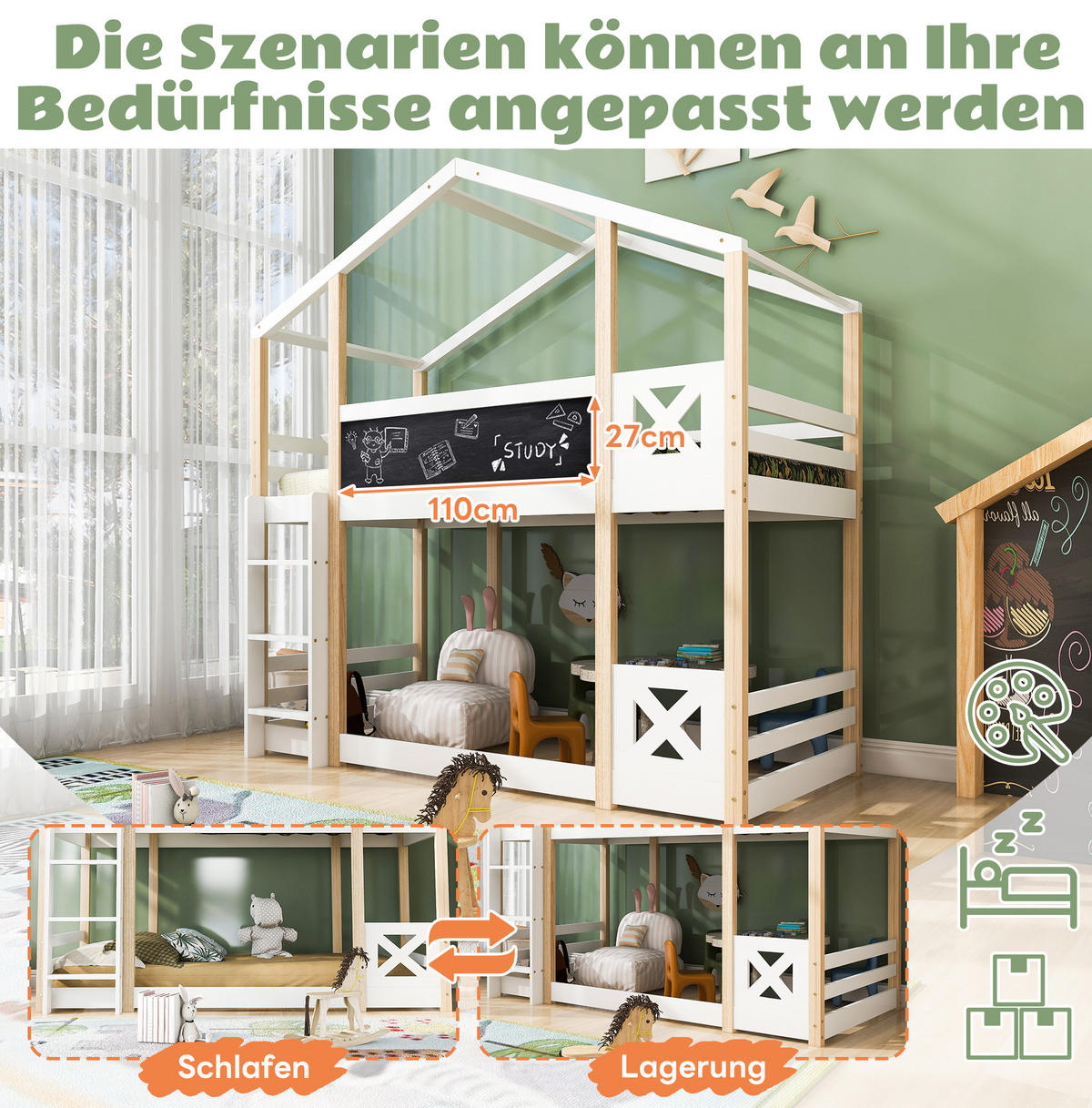 HOCHBETT 90/200 cm aus Massivholz mit Tafel, Leiter und umlaufendem Fallschutz, Weiß - Weiß, Holz - Redom
