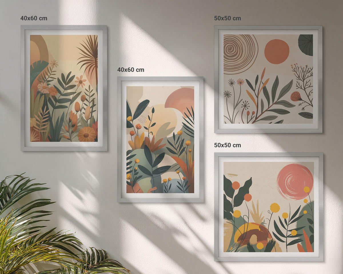 BILDER SET 4er Set - 50x50 cm & 40x60 cm Silberner Rahmen - Pflanzenmotive in Farben - Silberfarben, Kunststoff (50/50cm) - TULUP