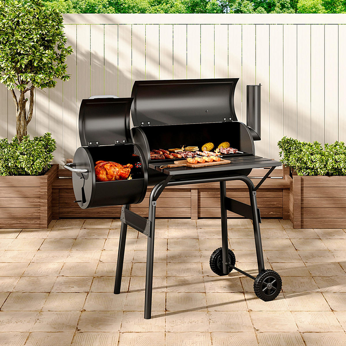 HOLZKOHLEGRILL Camping Smoker Grill 2-in-1 Design 3 Grillroste Seitentisch mit Rädern Schwarz ideal für Garten & Picknick - Schwarz, Metall (53/114/115cm) - Livingandhome