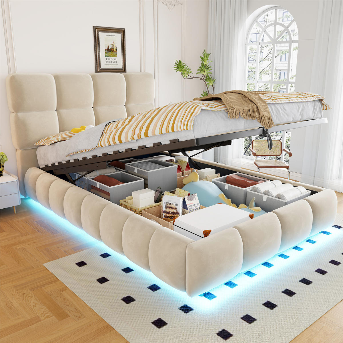 POLSTERBETT 90/200 cm in Beige mit Bettkasten, LED, Samt und gepolstertem Kopfteil - Beige, Holzwerkstoff/Textil (90/200cm) - STILVORA