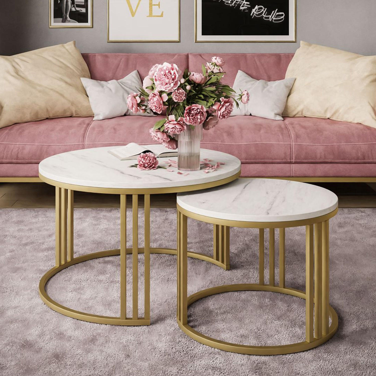 COUCHTISCH 2 in 1 LORI LEVANTO mit goldfarbenem Fuß - Goldfarben, Holzwerkstoff (70/70/48cm) - Lookway