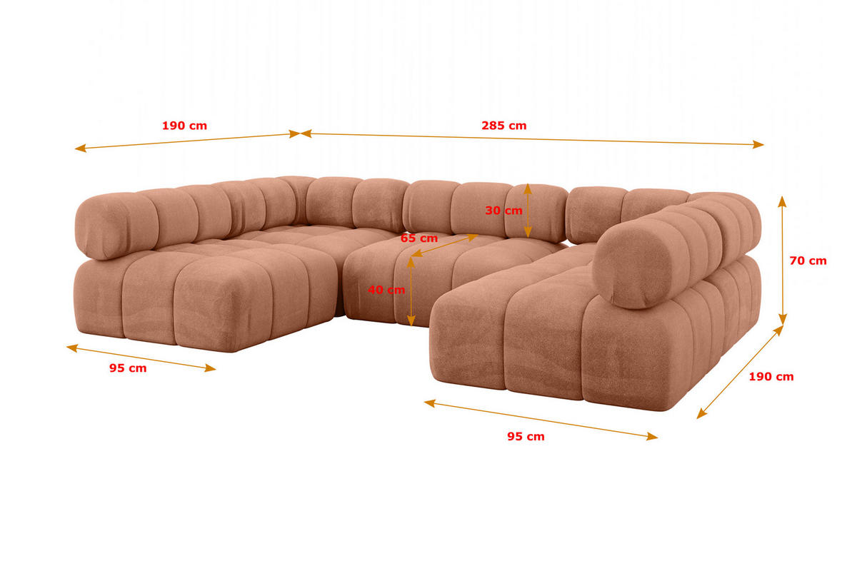 WOHNLANDSCHAFT modulares Sofa Garvo-U1 - 285x190x70 cm Apricot Velours - Koralle, Holzwerkstoff/Textil (285/70/190cm) - ALTDECOR