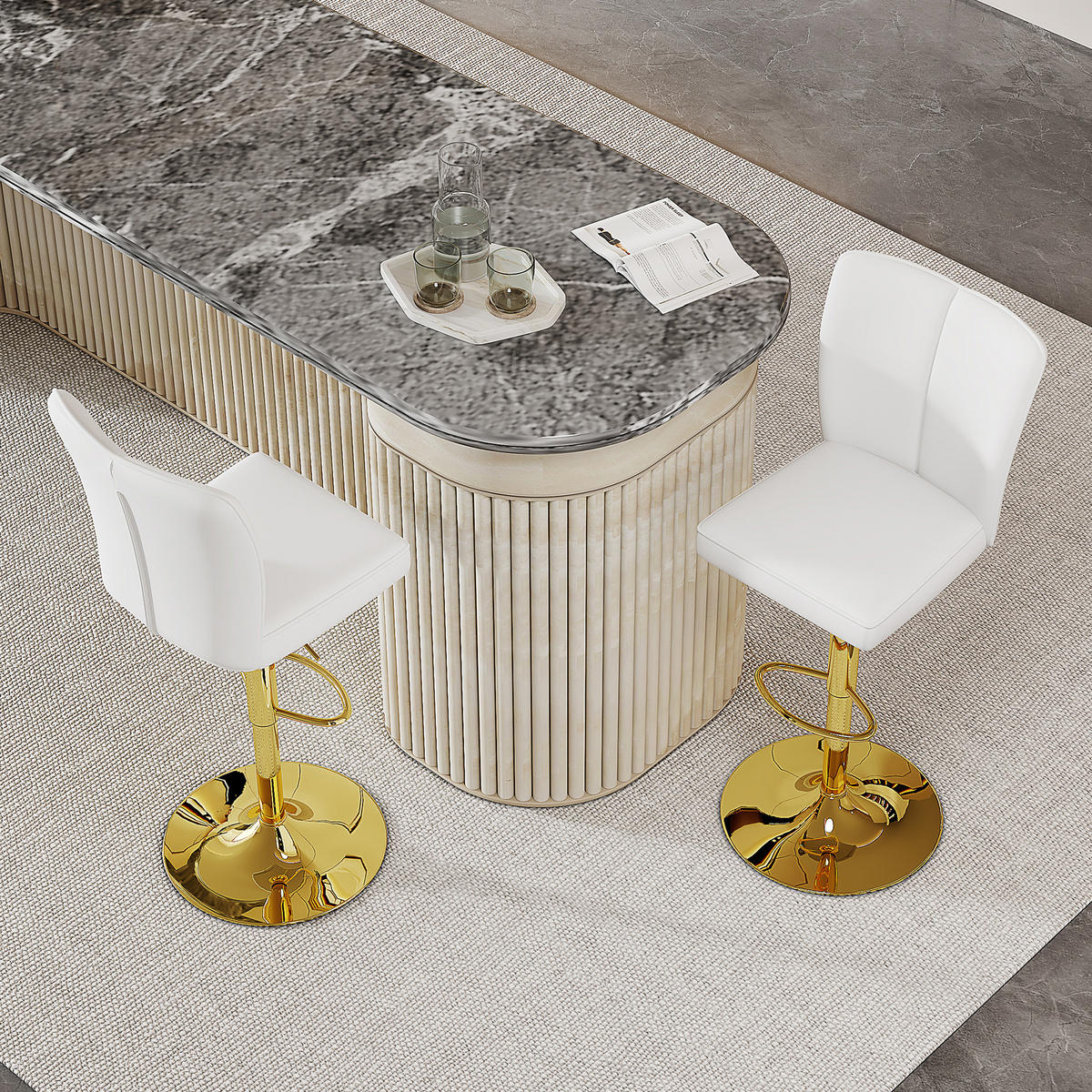 BARHOCKER 2er-Set Weiß-Gold Höhenverstellbar Drehbar 360° mit Rückenlehne und PU-Leder - Weiß, Metall (44.5/95.5/44cm) - PANGIVO